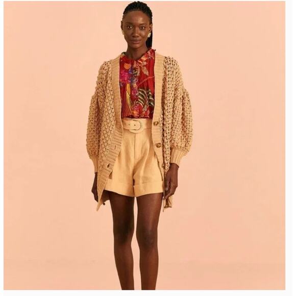 FARM RIO Dark Sand Handmade Dots Knit Cardigan XS Sweater Oversized Tan Beige - Picture 2 of 8